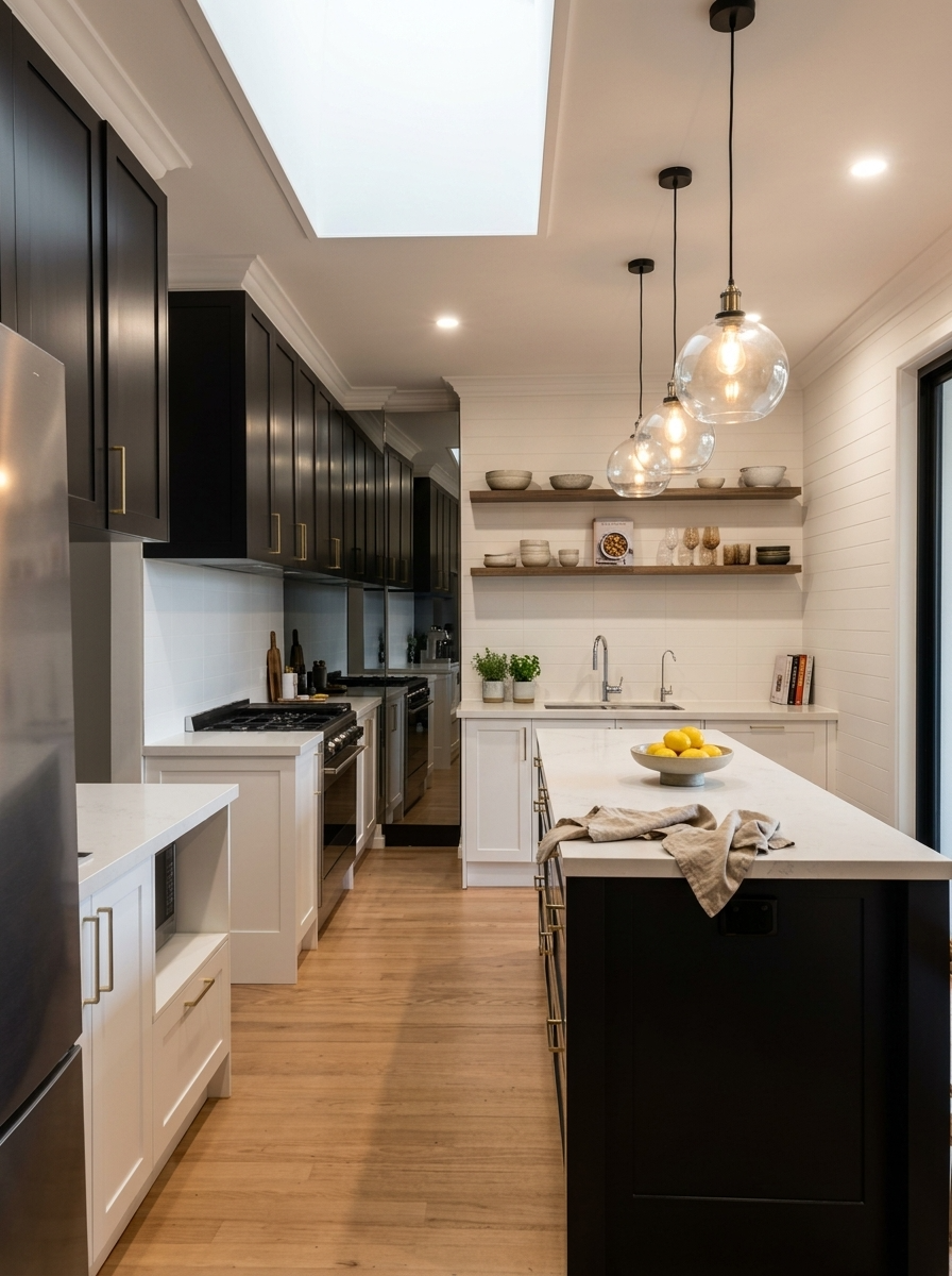 Completed Melbourne kitchen renovation with stone island benchtop, fluted timber joinery, brass tapware, pendant lighting and skylight