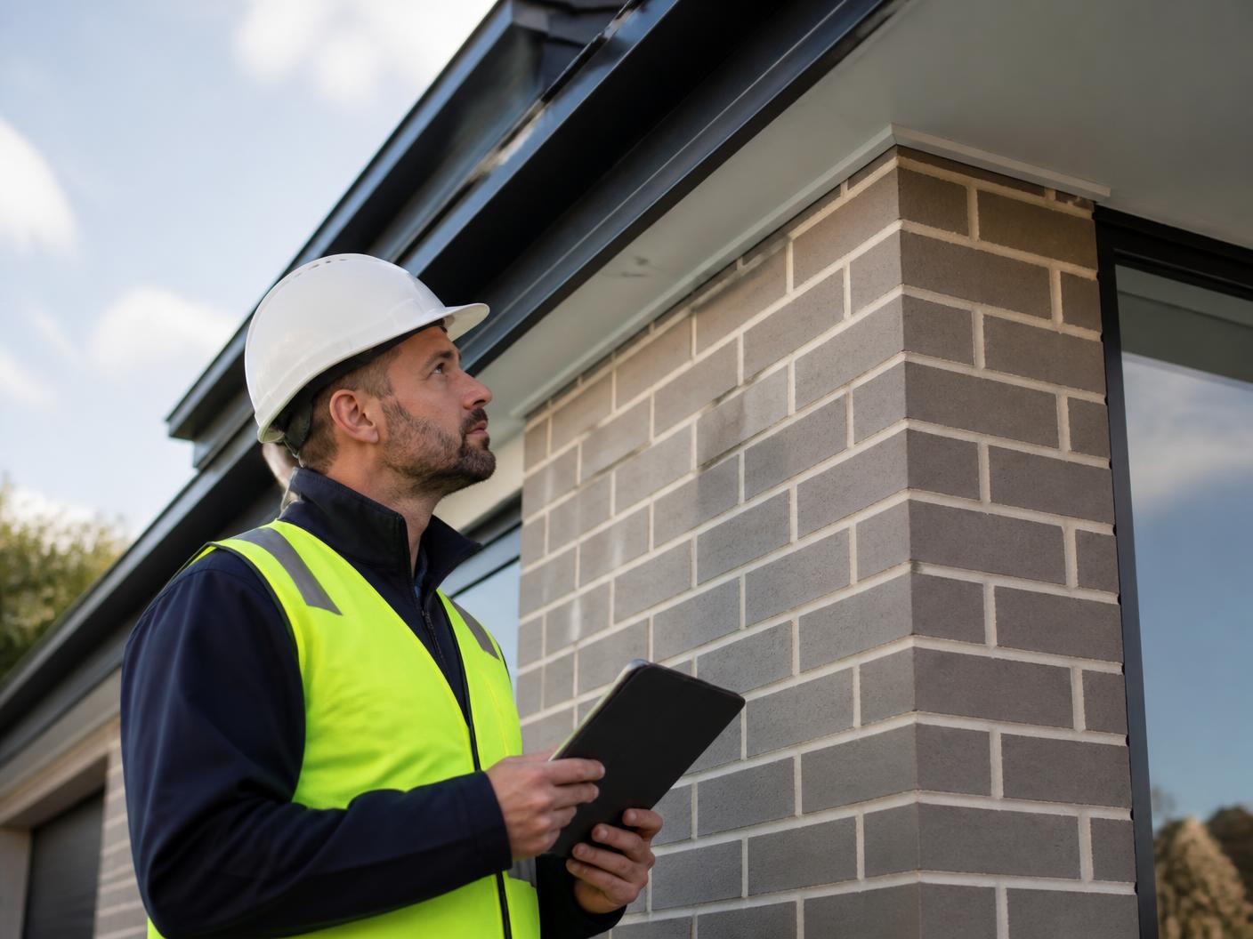 Building inspector in a high-visibility vest and hard hat checking brickwork and eaves during a property inspection