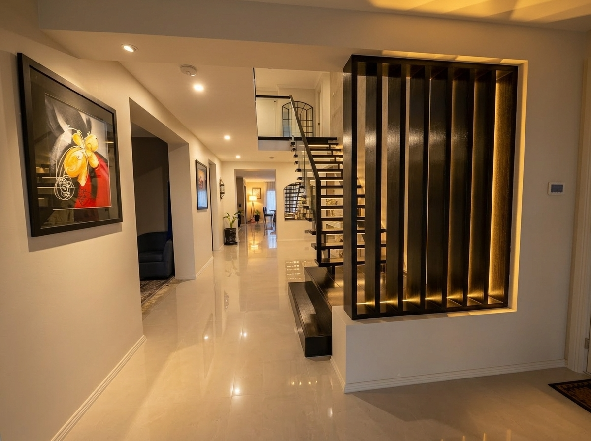 Completed Melbourne full home renovation with oak flooring, backlit timber batten screen, custom joinery and warm feature lighting through the hallway