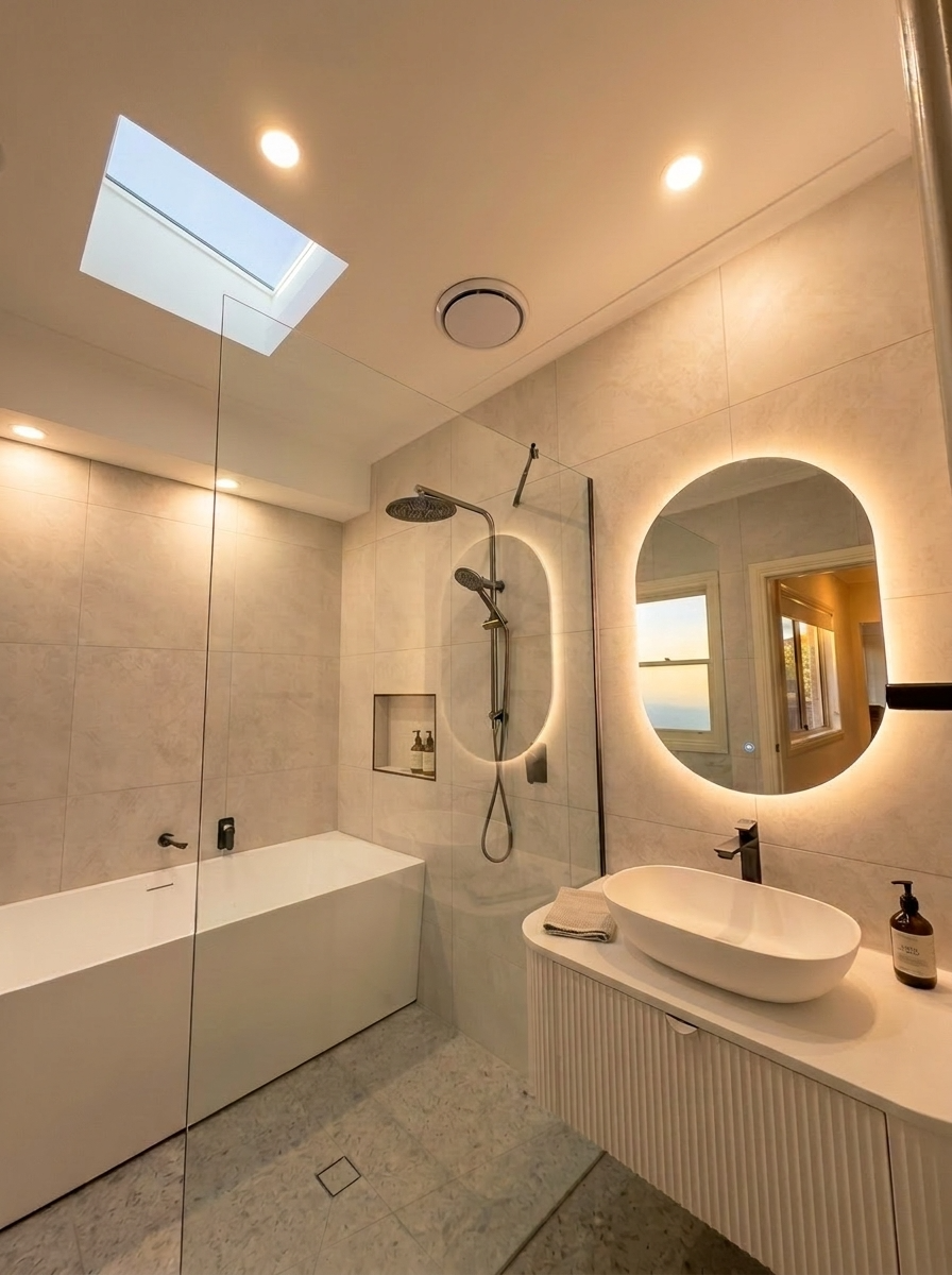 Completed Melbourne bathroom renovation with freestanding bath, frameless glass shower, backlit round mirror, fluted timber vanity and skylight